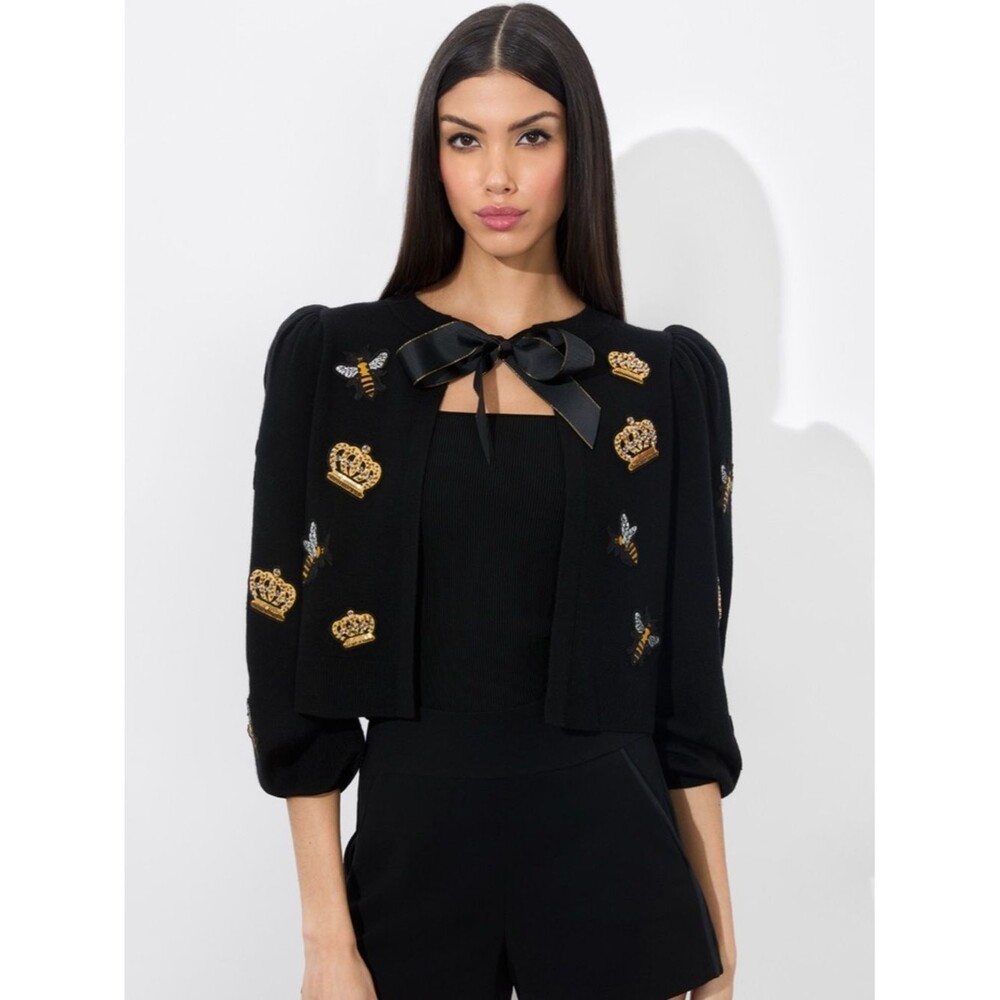 Alice + Olivia Kitty Bee Cardigan Size S Embellished Wool Bee Crown Sweater